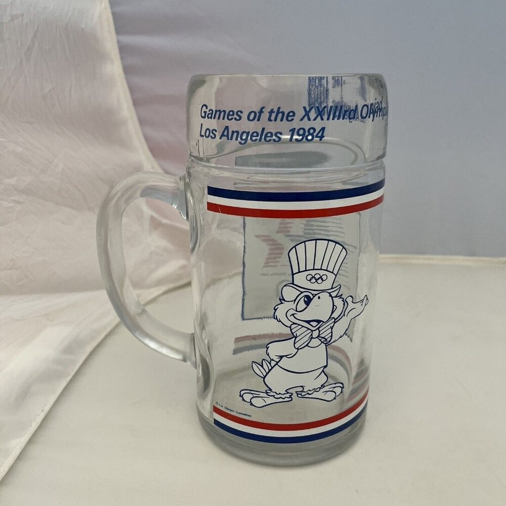 Vintage 84 Los Angeles Summer Olympics Sam Eagle Clear Large Beer Glass 1 Liter